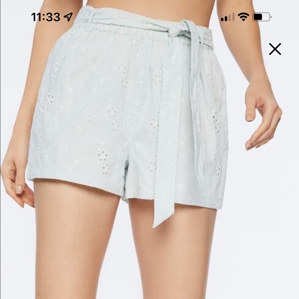 Forever 21 Tie-waist Embroidered Floral Shorts Mint Blue Medium